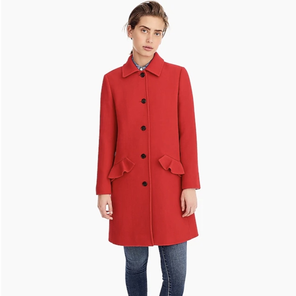 J. Crew Topcoat with Ruffle Pockets in Italian Double Cloth‎ Wool Bright Cerise